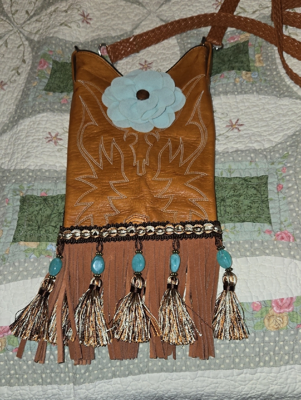 Boho Tassel Leather Crossbody Bag with Turquoise Flower